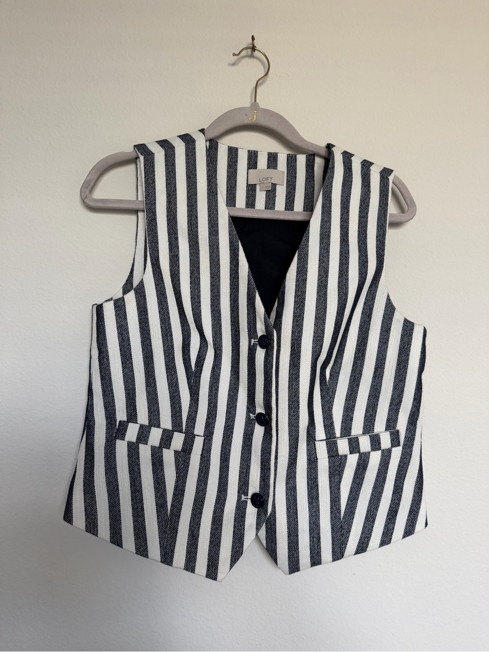 LOFT Navy and White Striped Tailored Vest